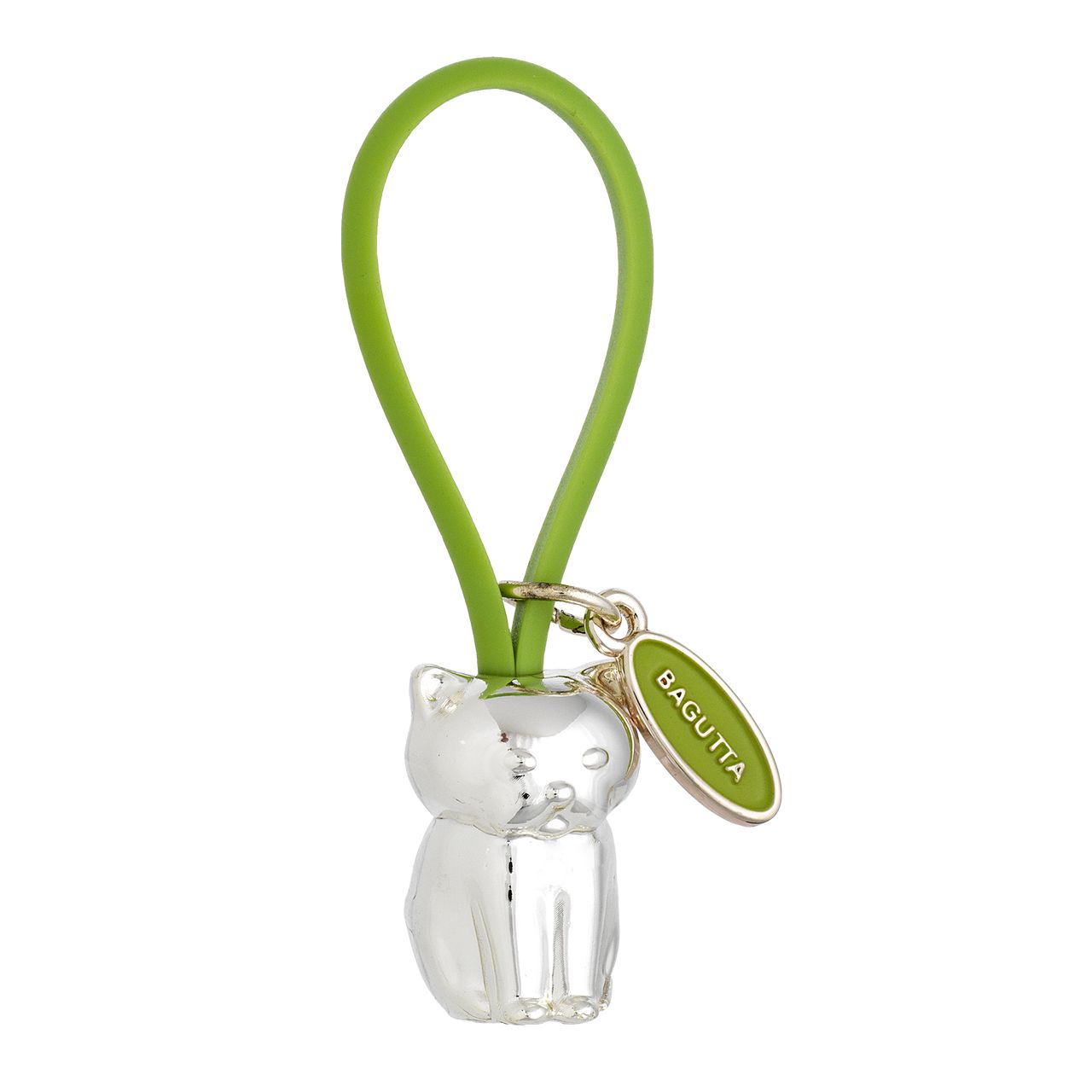 PORTACHIAVI GATTO ARGENTATO GANCIO IN SILICONE VERDE